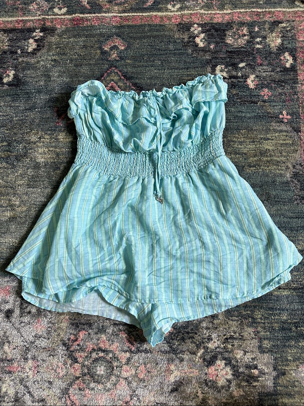 No Boundaries Sea Shell Strapless Light Aqua, Orange, Green White Striped Romper